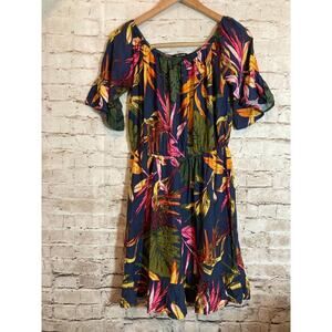 New Look Dress Womens Large Tropical Jungle Dark Florals Bell Sleeve Stretch